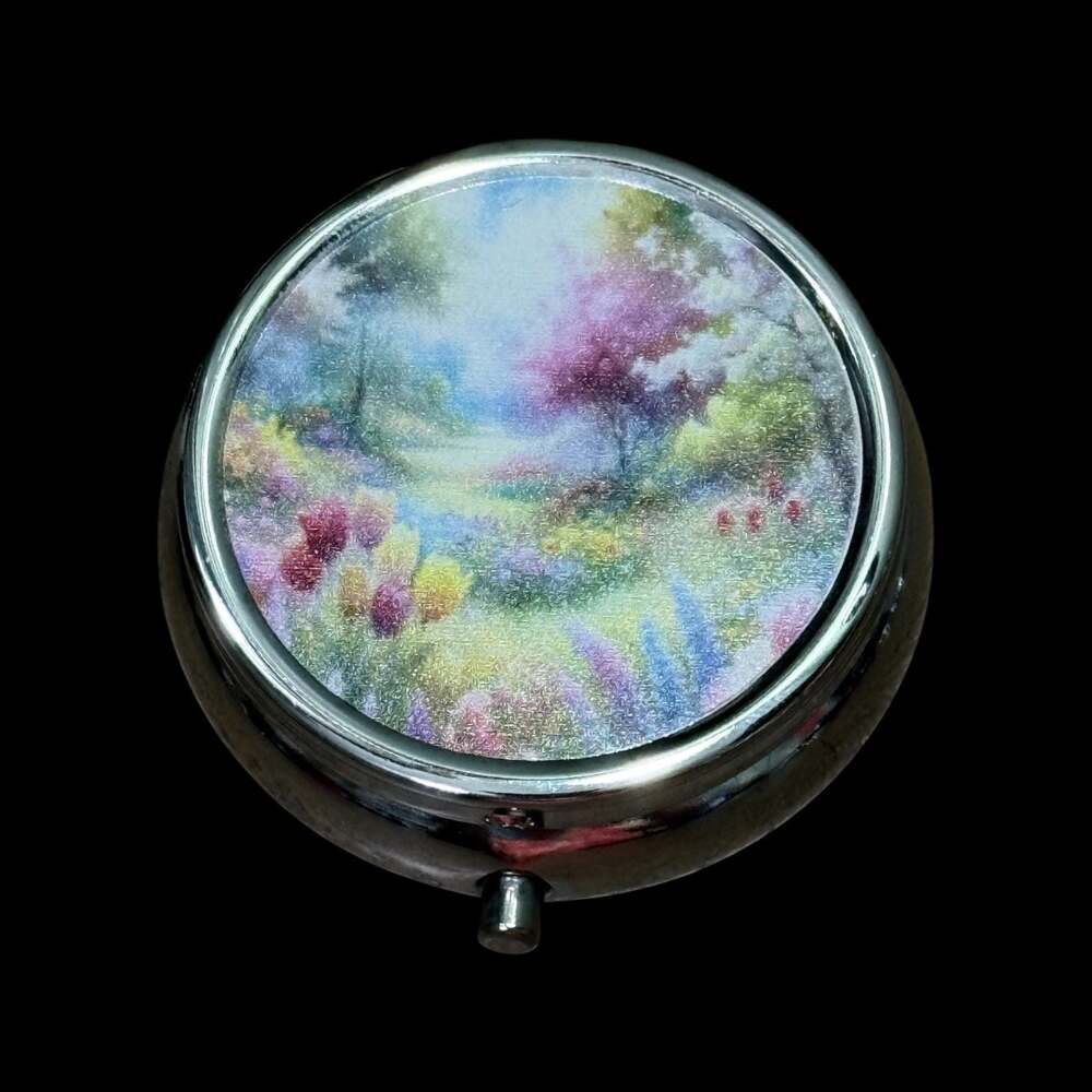 Cute Meadow of Flowers Portable Round Metal Pill Organizer Case